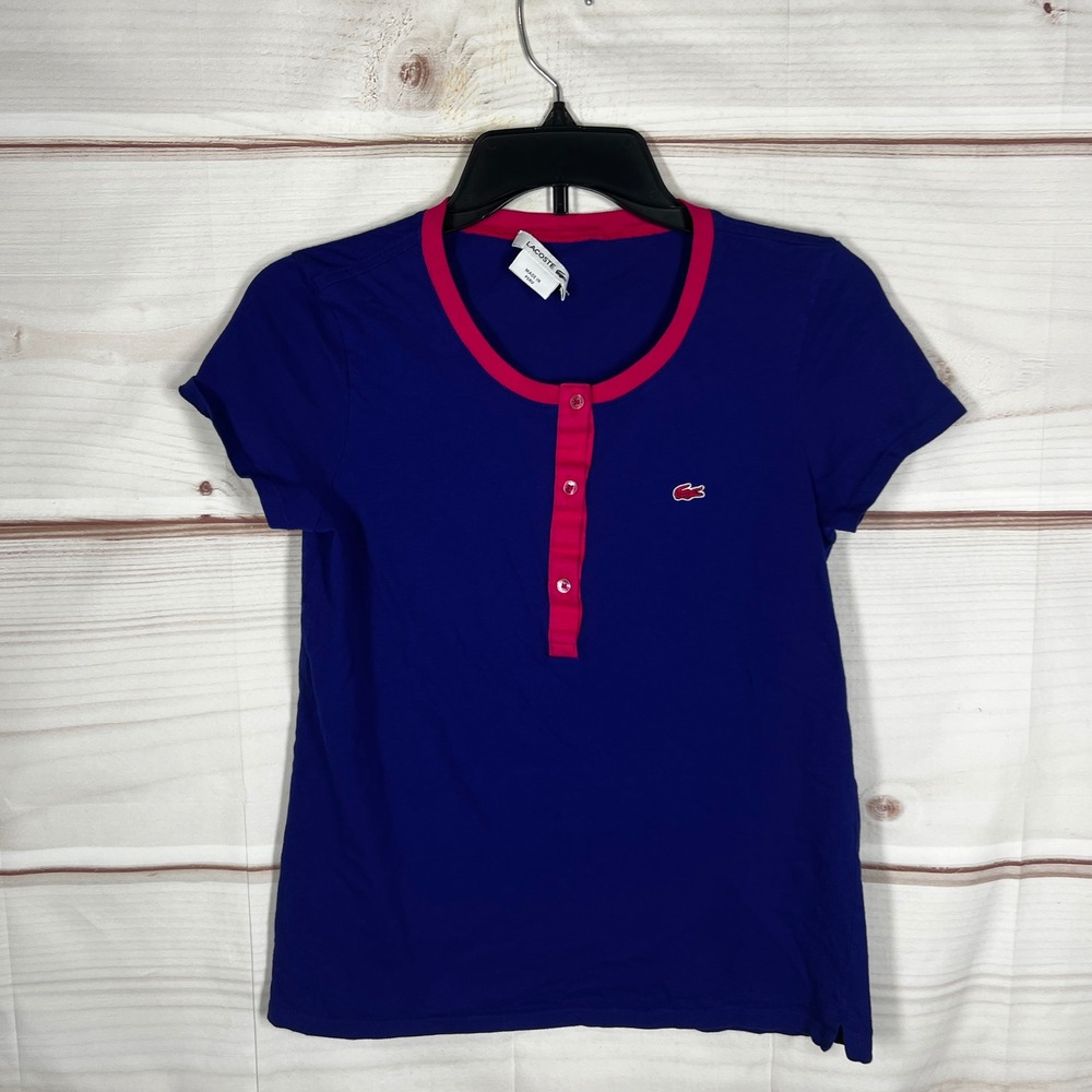 Lacoste Henley T-Shirt Womens 36 Small Blue Solid Short Sleeve Top Cotton Sporty